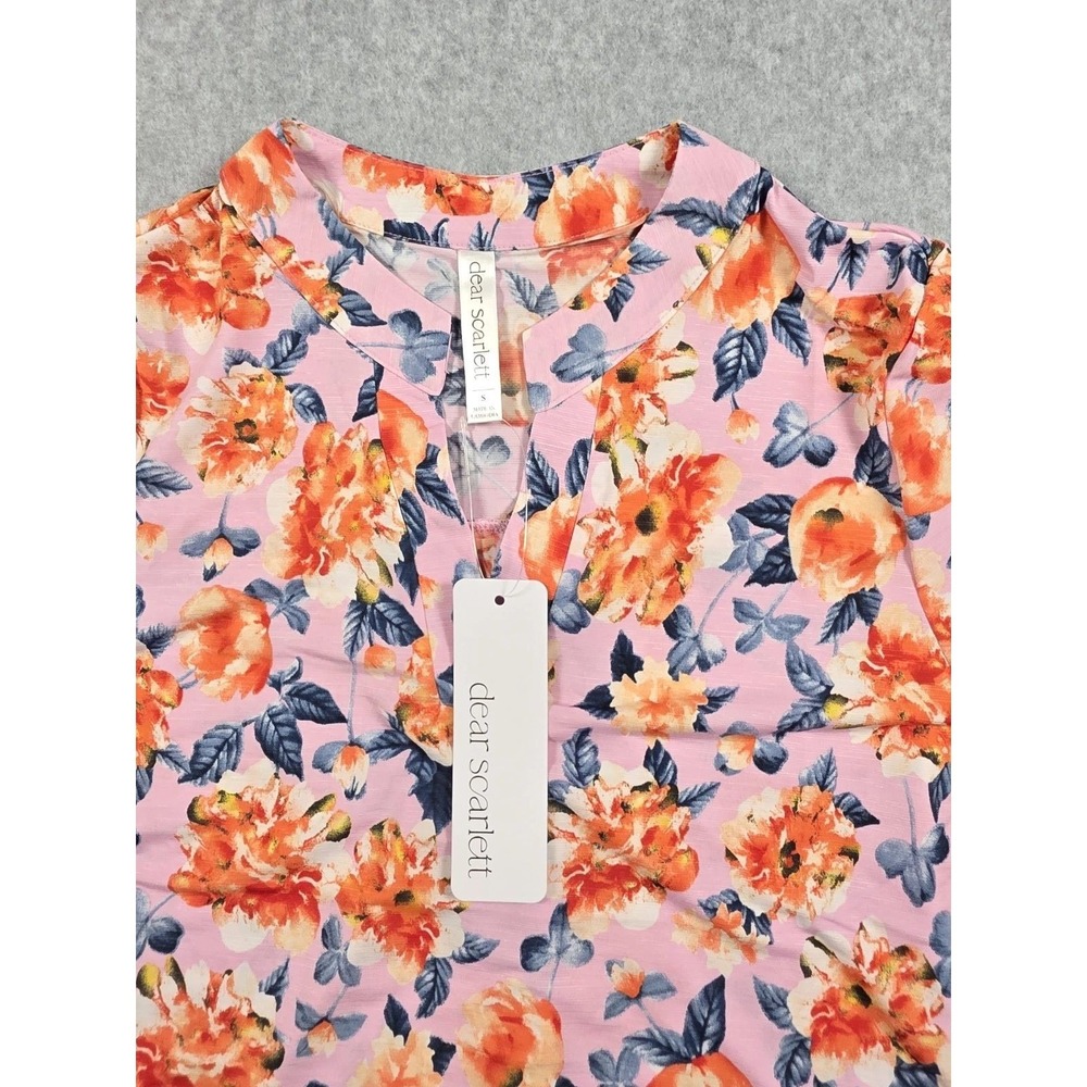 Dear Scarlett Womens Pink Orange Floral Split Neck 3/4 Roll Tab Sleeve Blouse M - Picture 3 of 5